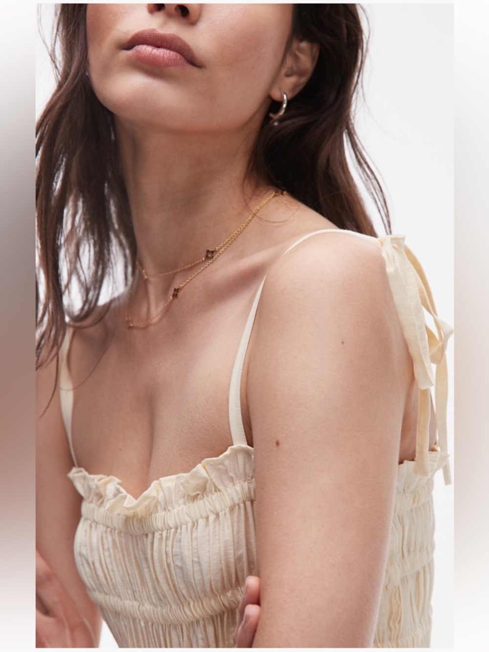 Topshop NWT ivory/cream/nude Shirred Bodice Mini Dress, Tie Straps, “crepe” - Picture 3 of 4